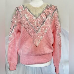 Vintage 80s Christine Embellished Pink Angora Beaded Sweater Size Large